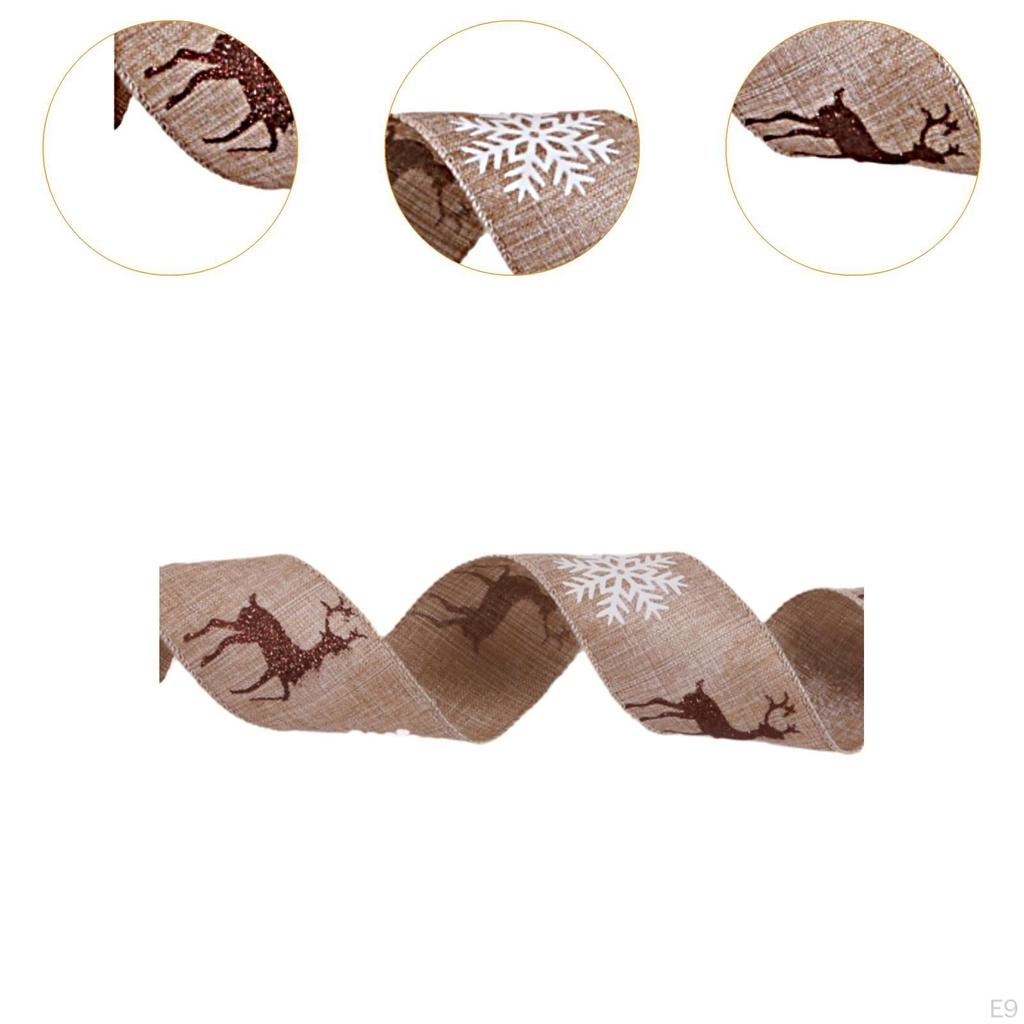 Christmas Ribbon Tree Decor Printed Wired Glitter Reindeer Decorative Linen