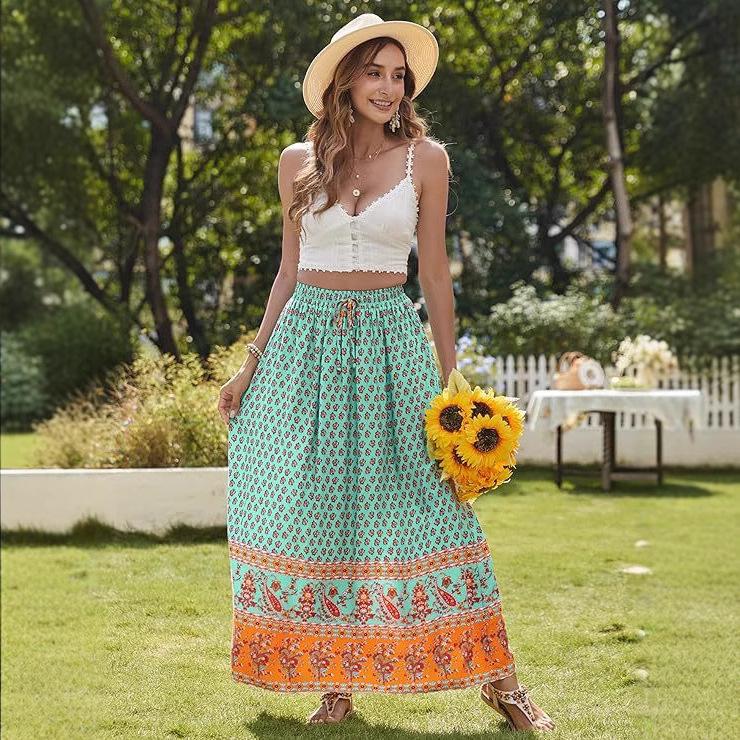 Women's 2025 Bohemian Floral Print Pleated Maxi Dress with Elastic High Waist