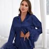 Conjunto de Pijama da Moda Europeia Americana em Seda Gelo Camisa com Penas de Avestruz Calças Compridas Ajuste Solto Duas Peças Roupa de Serviço para Casa