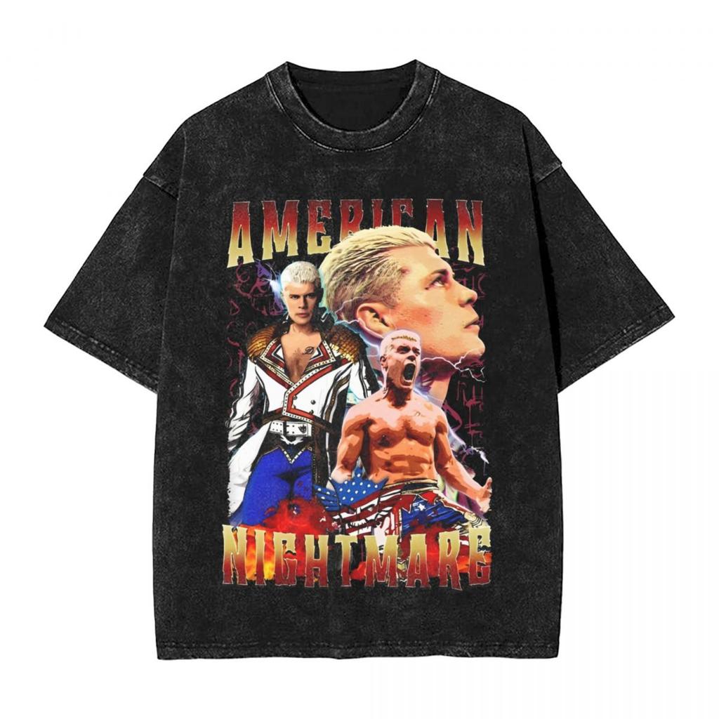 Retro Cody Rhodes Vintage Washed Tshirt Men Cotton Tops Shirts Retro Crewneck Short Sleeve