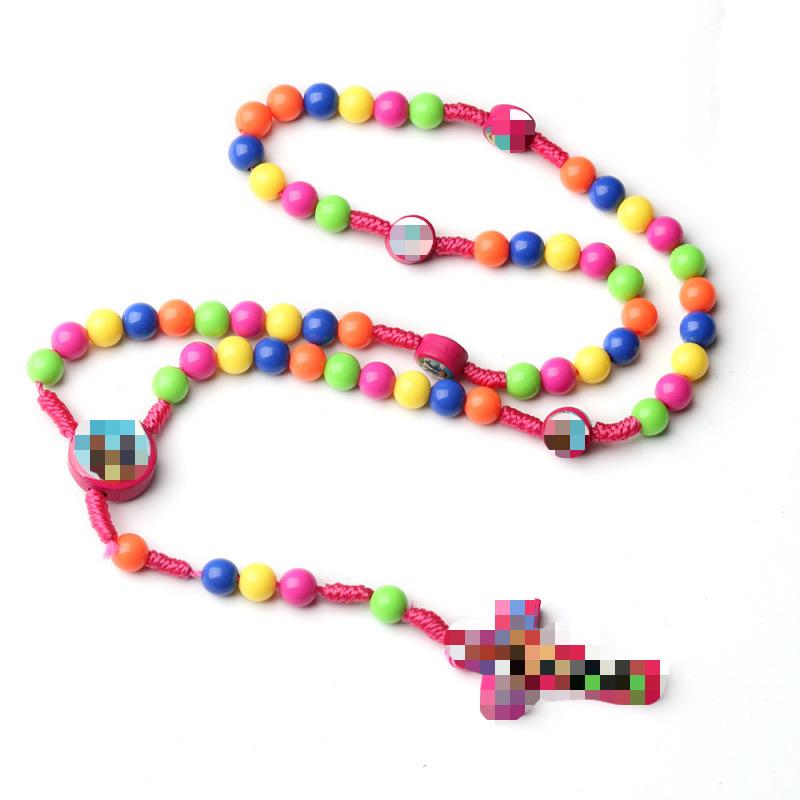 Colorful Beaded Cartoon Cross Rosary Necklace for Kids