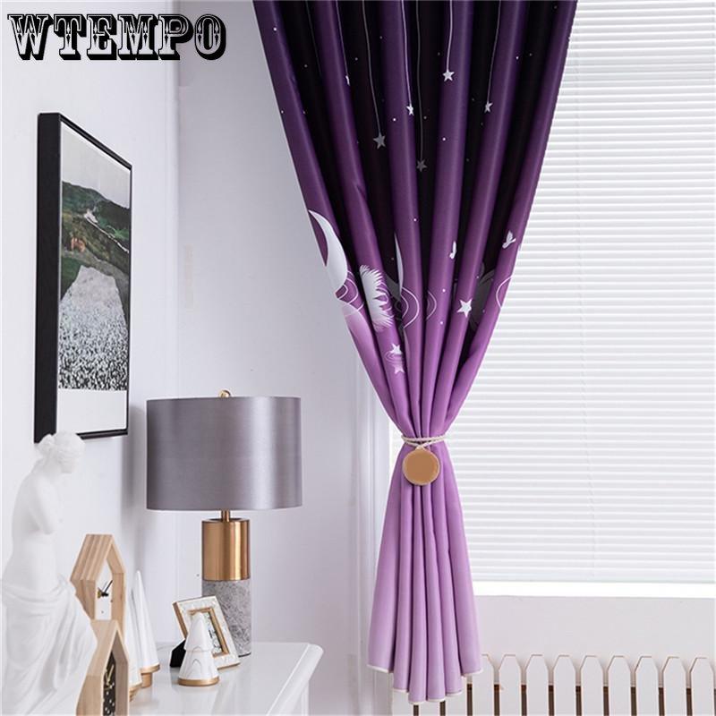 2pcs Home Supplies Full Blackout Print Perforated Curtains Living Room Bedroom Bay Window Finished Decor Curtains