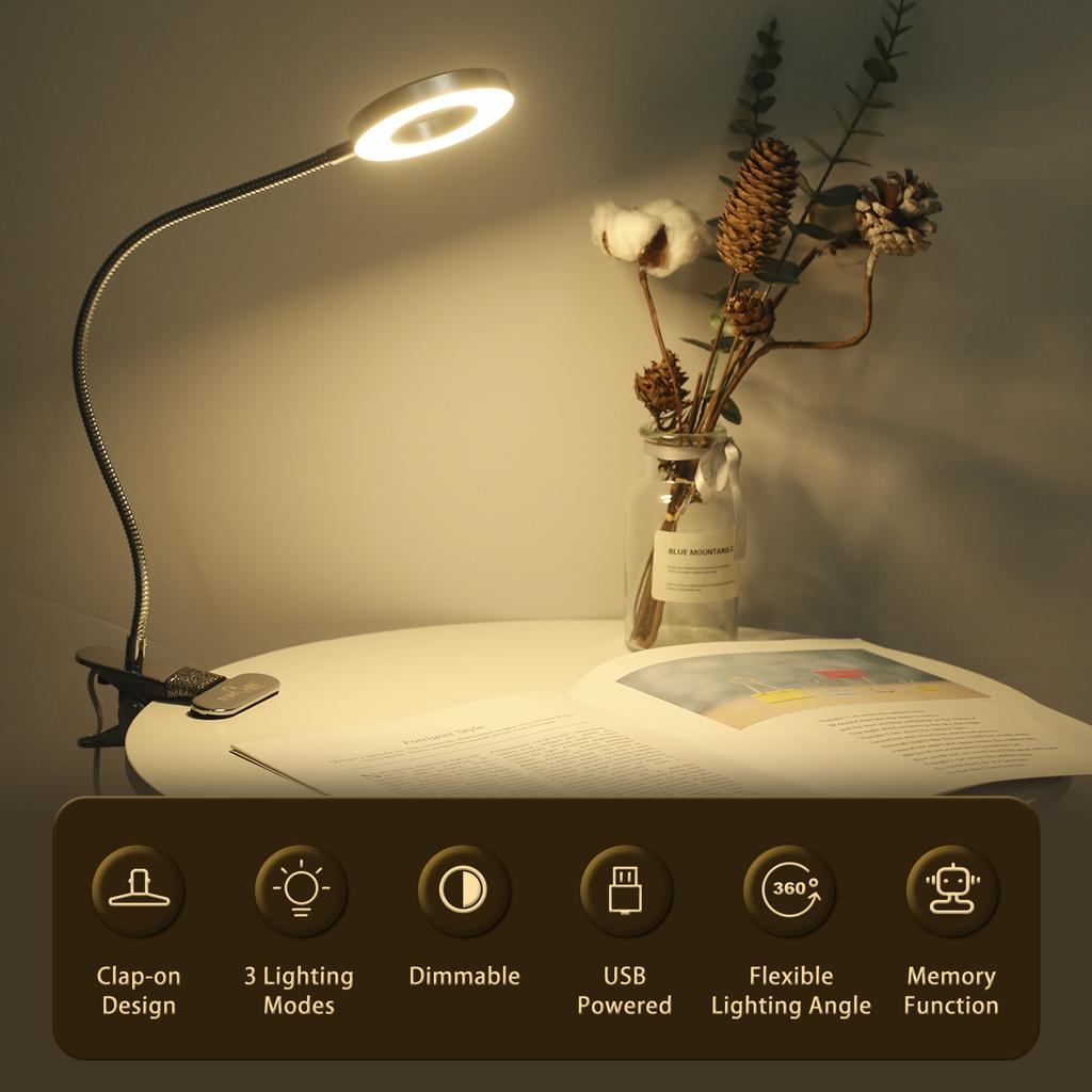Tomshine Clip-on USB Table Lamp with 3 Color Modes & Adjustable 10 Brightness Eye-caring Dimmable