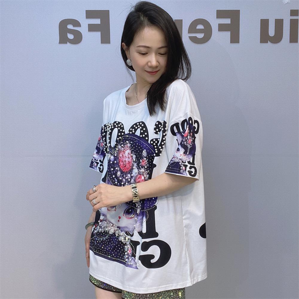 Modische bedruckte T-Shirts für Damen Sommerkleidung Lässig 3D Cartoon-Muster Heiße Strassperlen Weibliche Kurzarm-Tops T-Shirt