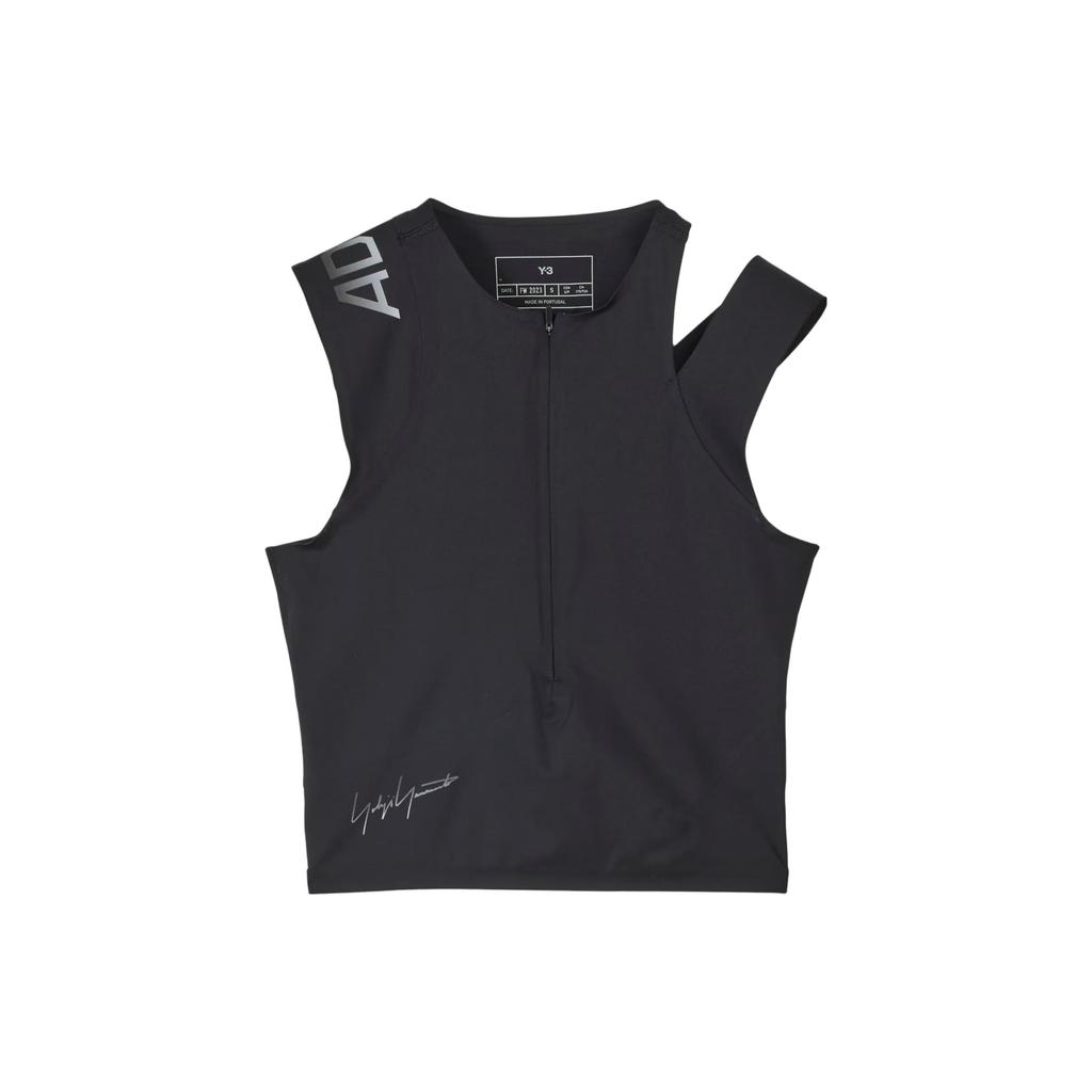 Y-3 Running Fitted Top Letter Print Round Neck Short Sleeveless Vest Women Tops Black IQ0425