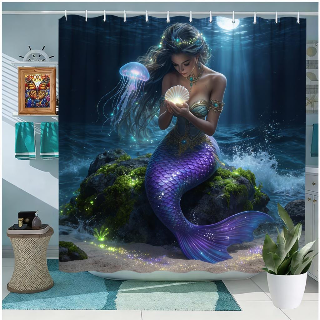 1ks Zlatý ocas mořské panny Podvodní sprchový závěs - Magická koupelnová dekorace, Polyester, Pratelný, 70,8x70,8 palce, Sušit na šňůře, n