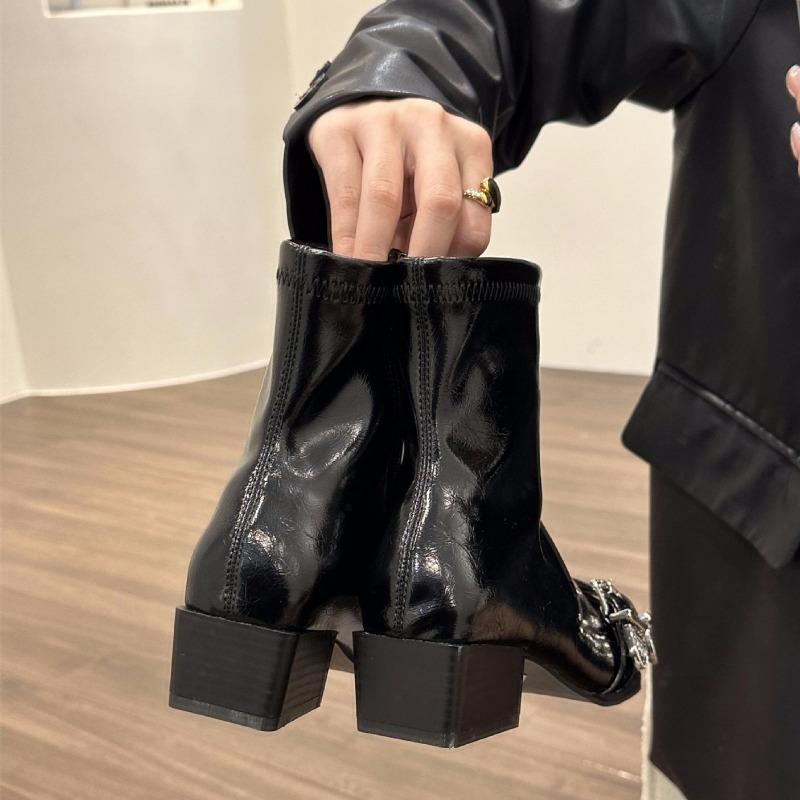 Women's Ankle Fashion Boots Pointed Toe Short Boots Ladies Elegant Low Heel Metal Decoration Womens Shoes   De Mujer