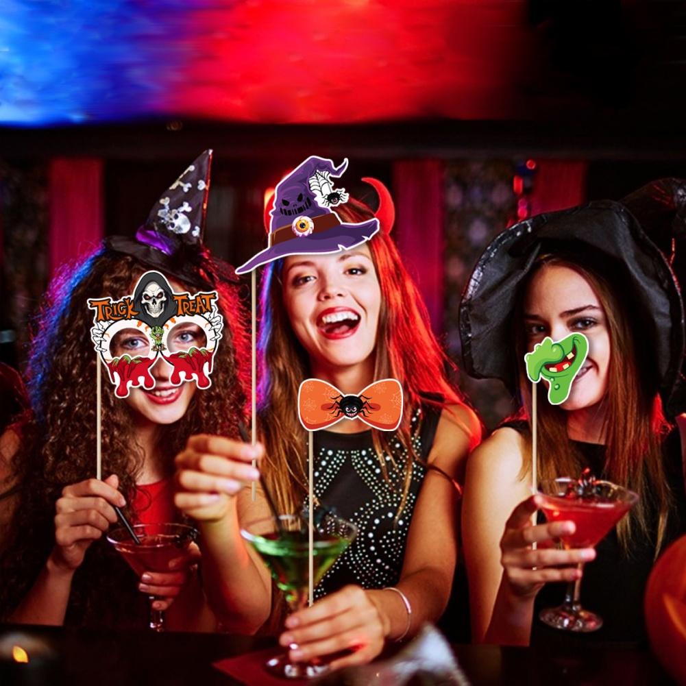 30PCS Halloween Photo Booth Props Kit Scary Party Decor Supplies Pumpkin Skull Glasses Photobooth Accessories For Halloween