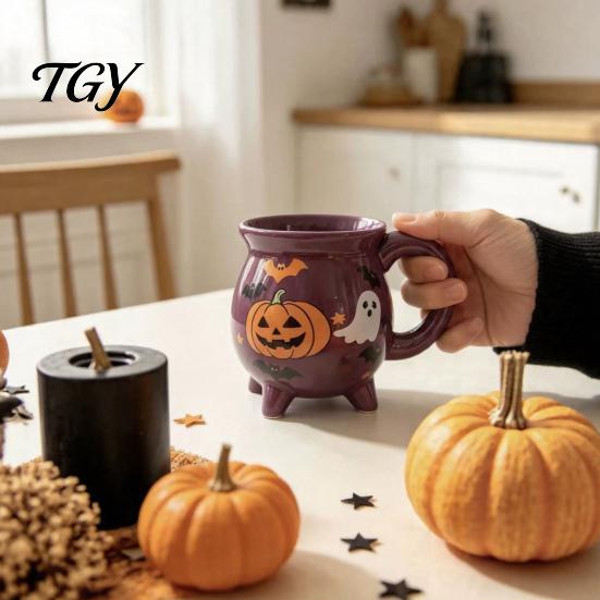 Cute Ghost Pumpkin Teacup Halloween Witch Cauldron Coffee Mug, 360ml Spider Web Pattern Holiday Gift for Enthusiasts Ceramic Cup, Spooky Drinkware