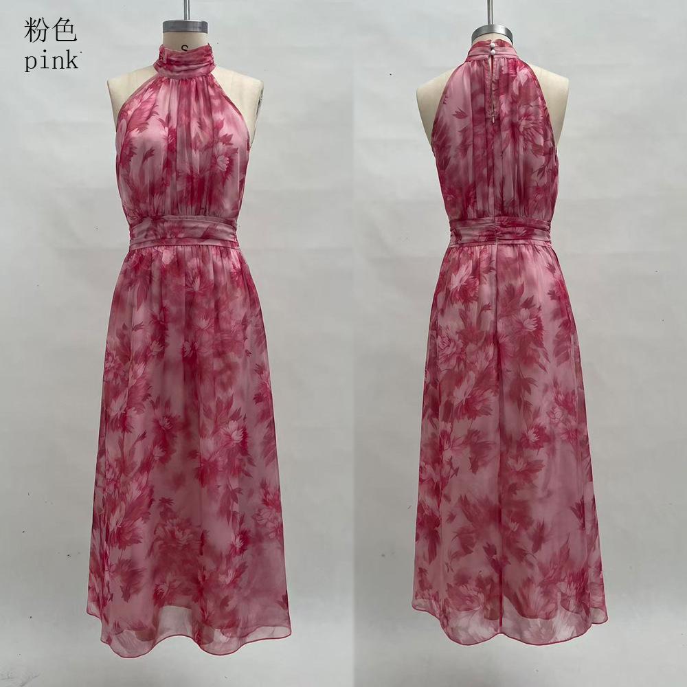 European and American cross-border 2026 women's clothing hip-wrapped mesh printing irregular split pleats sexy suspender dress long dress