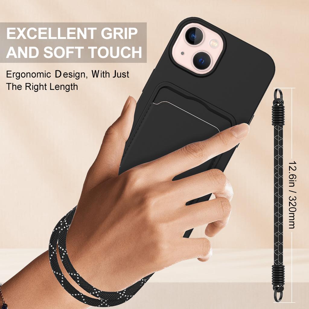 For iPhone 14 Plus/iPhone 15 Plus Liquid Silicone Case Phone Back Cover with Card Holder and Short Strap