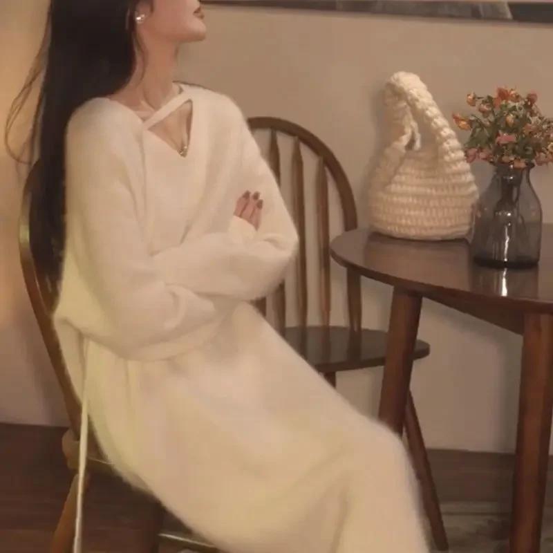 WTEMPO Women's Knitted Sweater Dresses Autumn Winter Coat Long Strap Solid Color V-neck Ribbon Korean Style Fashion Y2k