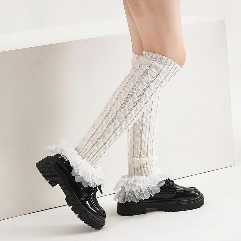 Cable Knit Leg Warmers Knee Length Socks Japanese Women Sweet Layered Ruffled Lace Trim Boot Cuffs Leg Covers Stockings