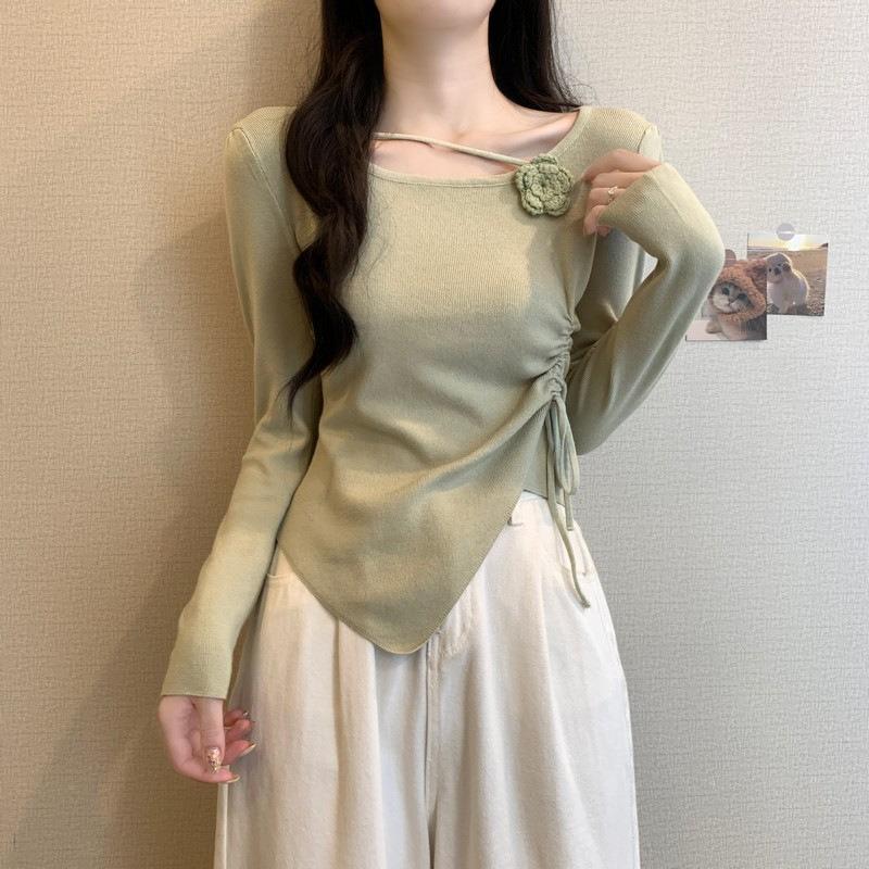 

Angola red three-dimensional flower crew neck sweater women s pure desire sweet and spicy top short drawstring knitted bottoming shirt One size fits all [recommended 80-60kg] зелёный