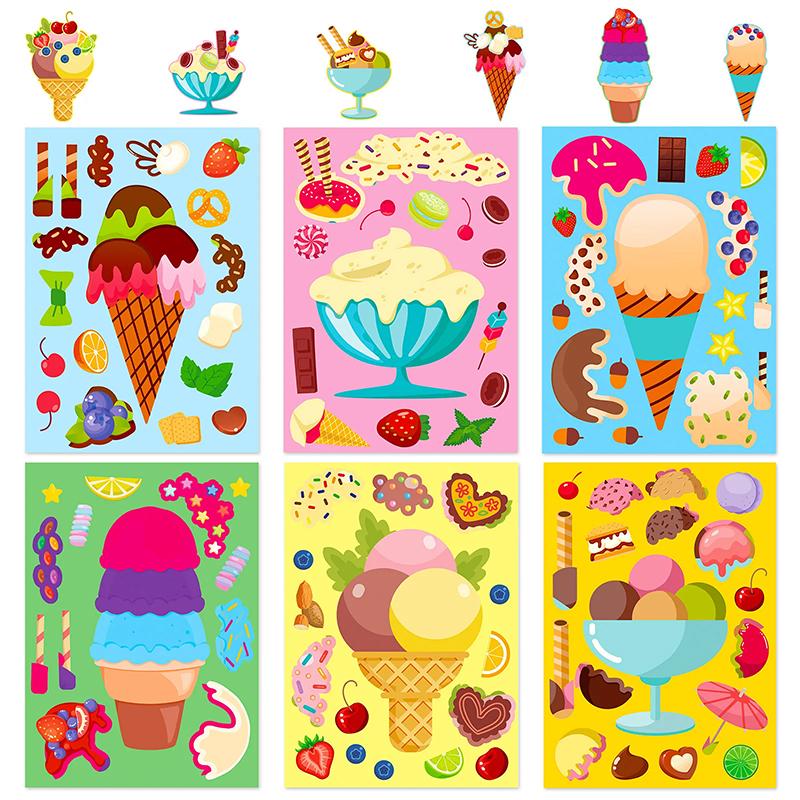 6pcs/set Scrapbook Stickers Make Ice Cream Sticker Sheets Children Handmade Sticker DIY Cartoon Puzzle Stickers Kids Gifts TMZ