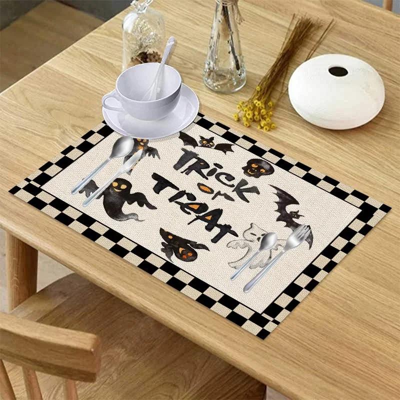 42x32cm Halloween Plaid Linen Dining Tables Mat Heat Resistant Placemat Table Drink Cup Coaster Kitchen Accessories Wholesale