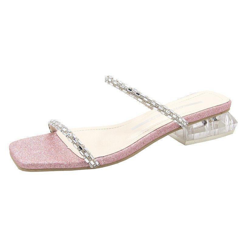 2025 new slippers female summer wear thick heel fashion fairy wind cool slippers medium heel rhinestone low heel one-word drag