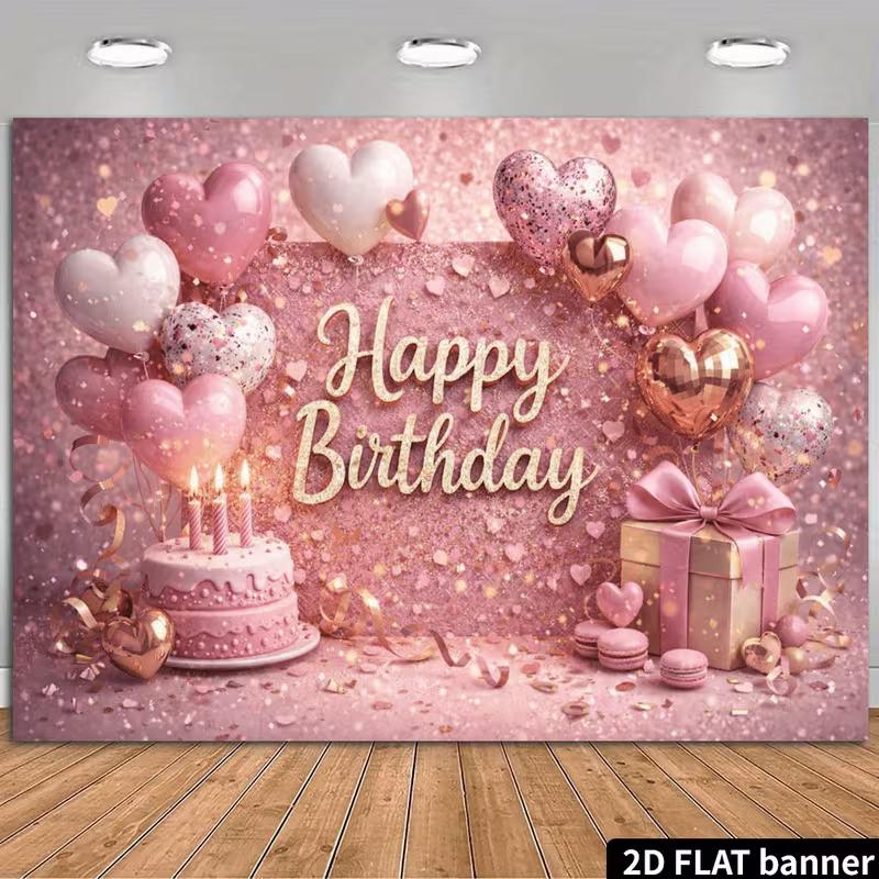 2D Shiny Pink Glitter Happy Birthday Backdrop Banner Party Decoration for Girls