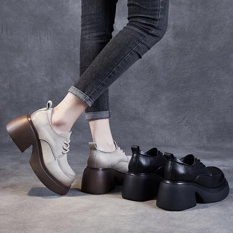 Fashion 7.5CM Fashion Women Flat Platform Shoes Spring AutumnRound Toe Back ZIP Genuine Cow Leather Academic Style Casual Loafers Female
