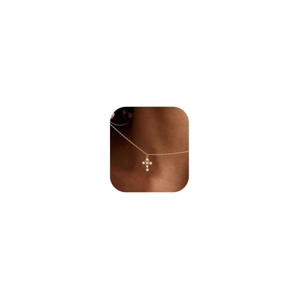 Cross Necklace for Women,Double Cross Necklace 14K Gold Plated Cross Pendant Necklace Dainty Gold Cross Necklaces for Women