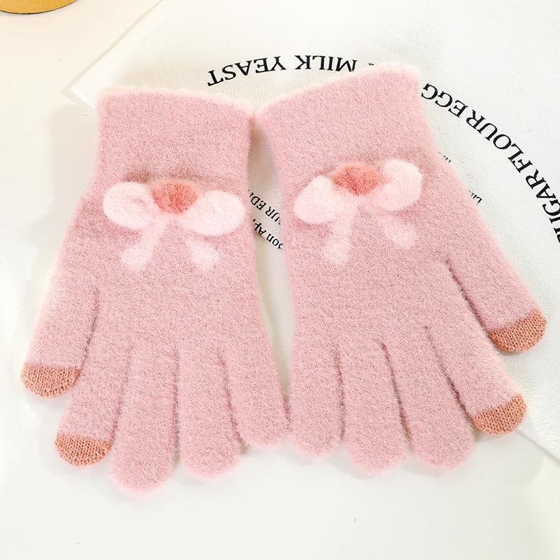 Gestrickte Handschuhe, Damen Herbst und Winter Wolle, warme fünf Finger, niedliche Studenten, die im Winter fahren, neue Schleifen