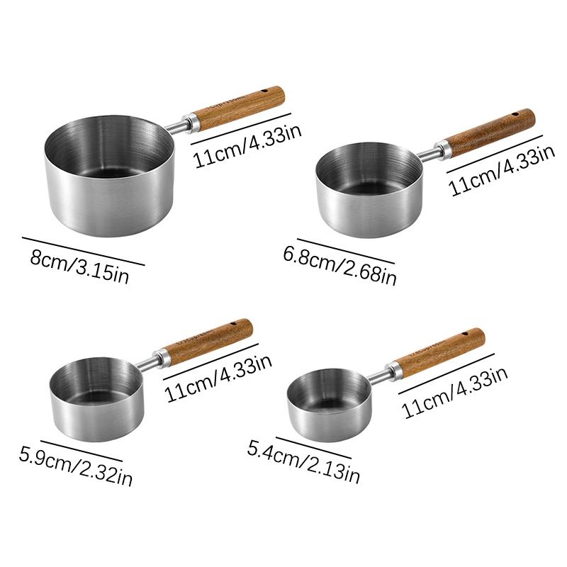 4Pcs Stainless Steel Wooden Handle Measuring Cups Spoons Baking Tools Coffee Bartending Scale Kitchen Accessories Set