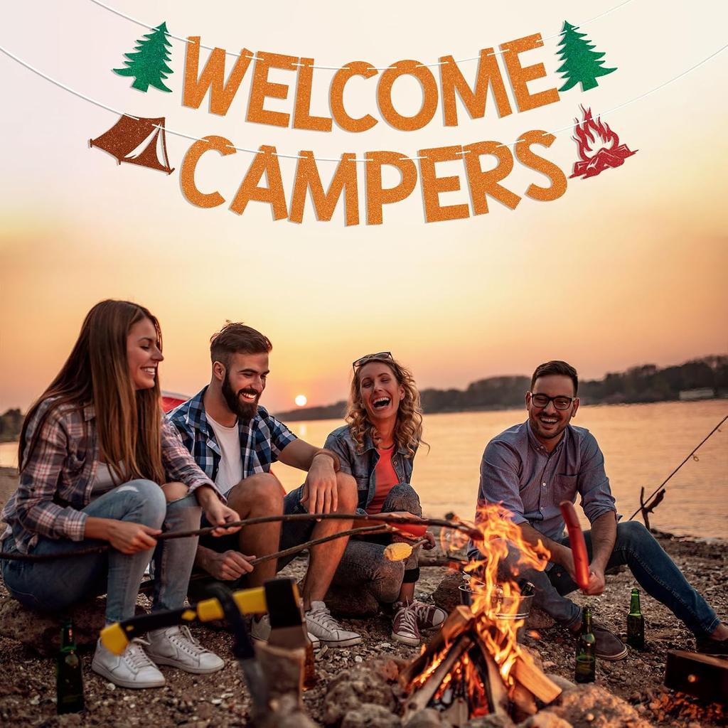 Welcome Campers Banner - Camping Theme Birthday Bachelorette Party Decor, Family Camp Day Party Decor, Forest Adventure Baby Shower Decorations