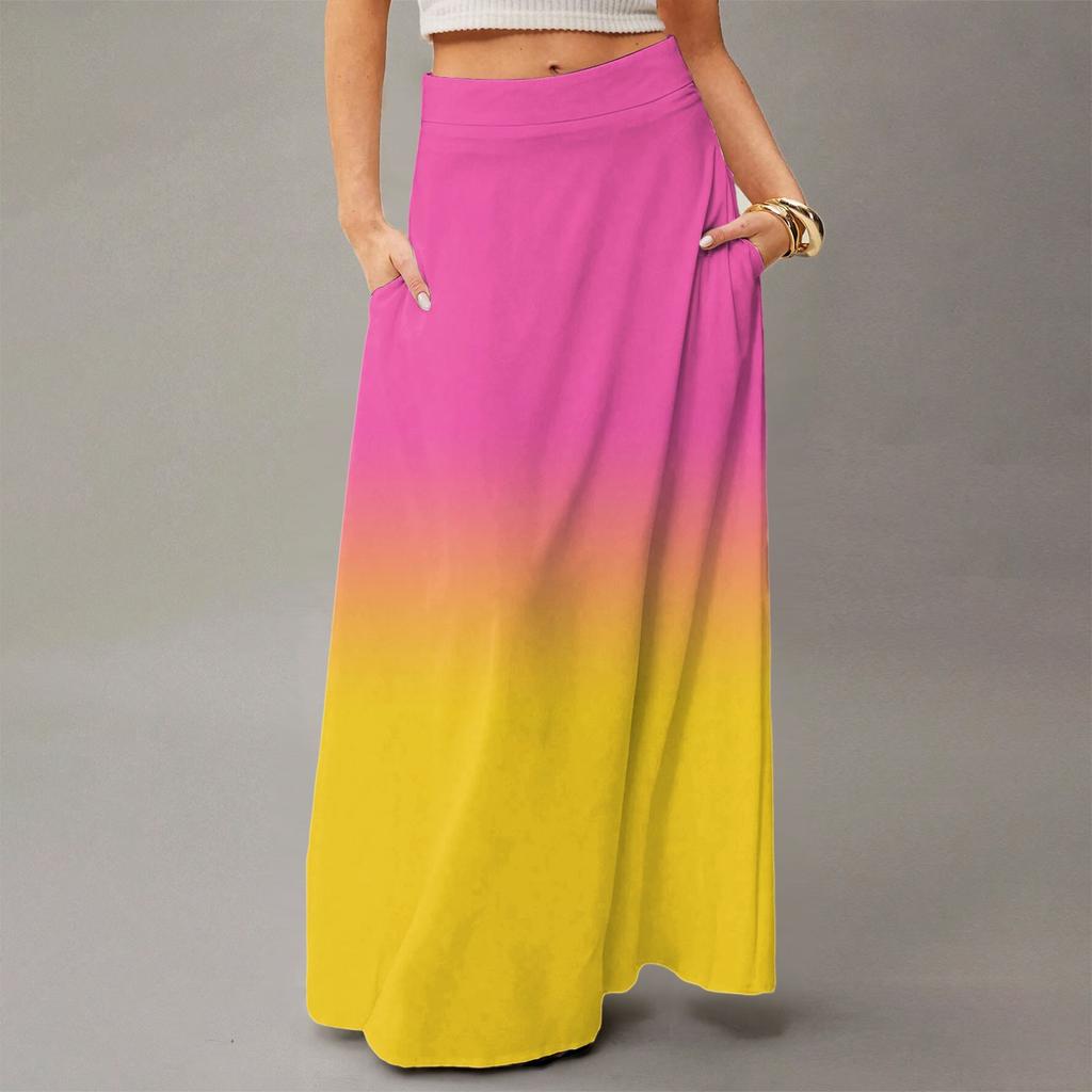 Damen Lässig Freizeit Faltbar Farbverlauf Druck Hohe Taille Mit Tasche Drapierter Entspannter Langer Maxi Rock