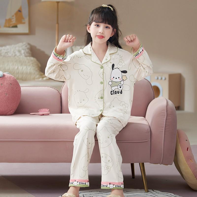 100% Cotton Girls Pajama Set Long Sleeve Cartoon Print Sleepwear Open Front Robe Style Fall