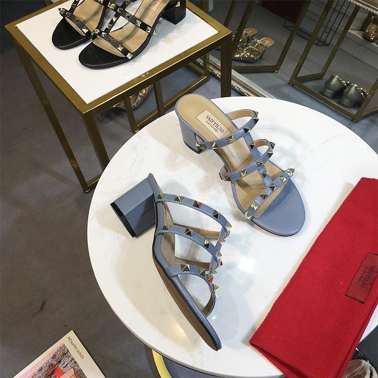 Women's Sandals Summer Woman Heeled Slipper Sandals Leather Brand Rivets High Heels Gladiator Ladies Shoes