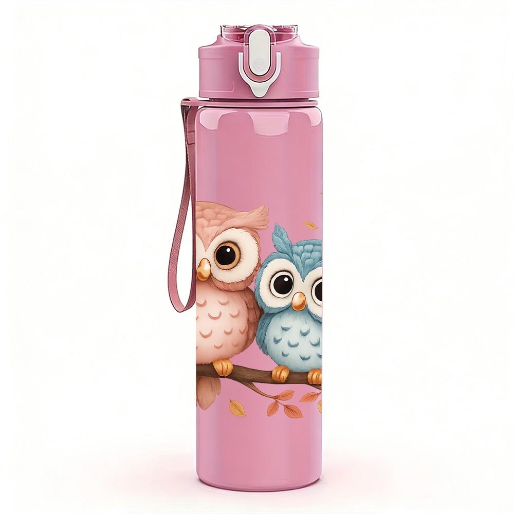 1PC Twin Owl Bird Branch Bust 750ml Color Plastic Sports Water Bottle Leakproof Flip Straw Lid For Sports Office Home Use