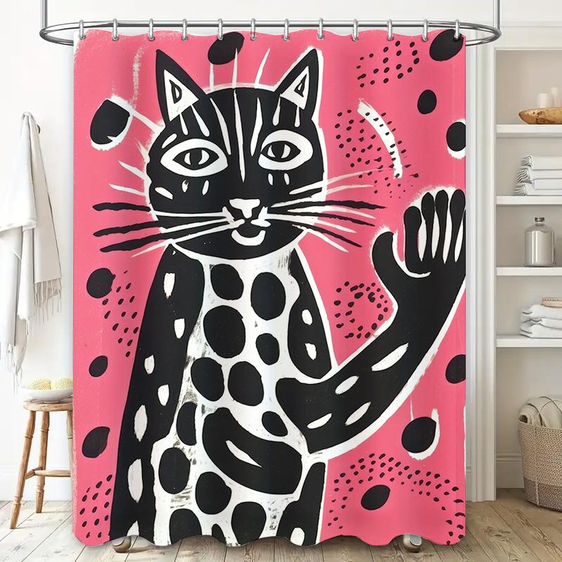 Black And White Cat Shower Curtain Modern Bathroom Decor With Eye-Catching Animal Print Design For Home Decoration Pink Backgrou