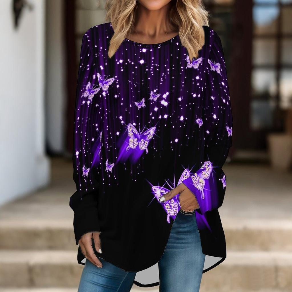 Women Long Sleeve Tunic Top Print Crew Neck Loose Fit Blouse With Pockets Casual Daily Wear Ladies Tops