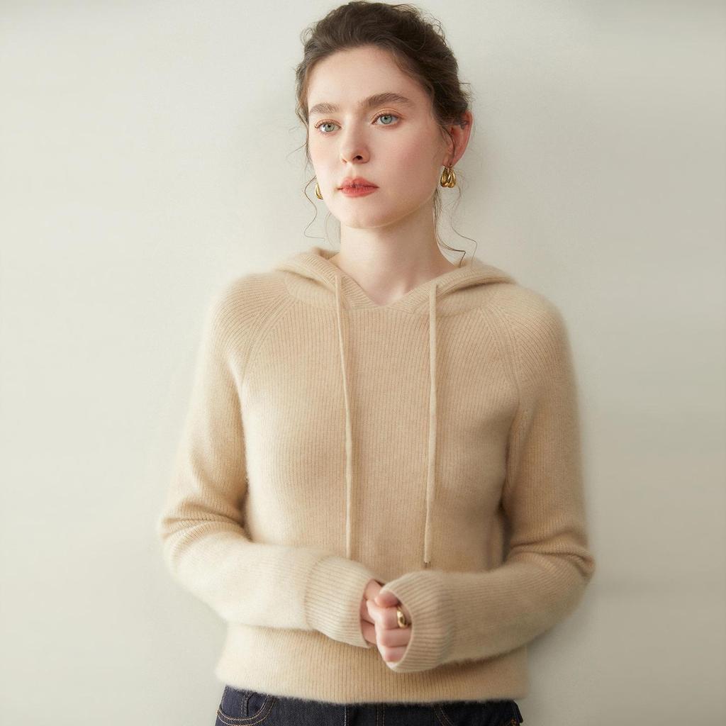 Women's Cashmere Hooded Ribbed Pullover - Autumn/Winter Fashion Knitwear