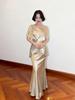 Elegant Champagne Acetate Suit for Women: Satin Top & Fishtail Skirt Set (Spring/Autumn)