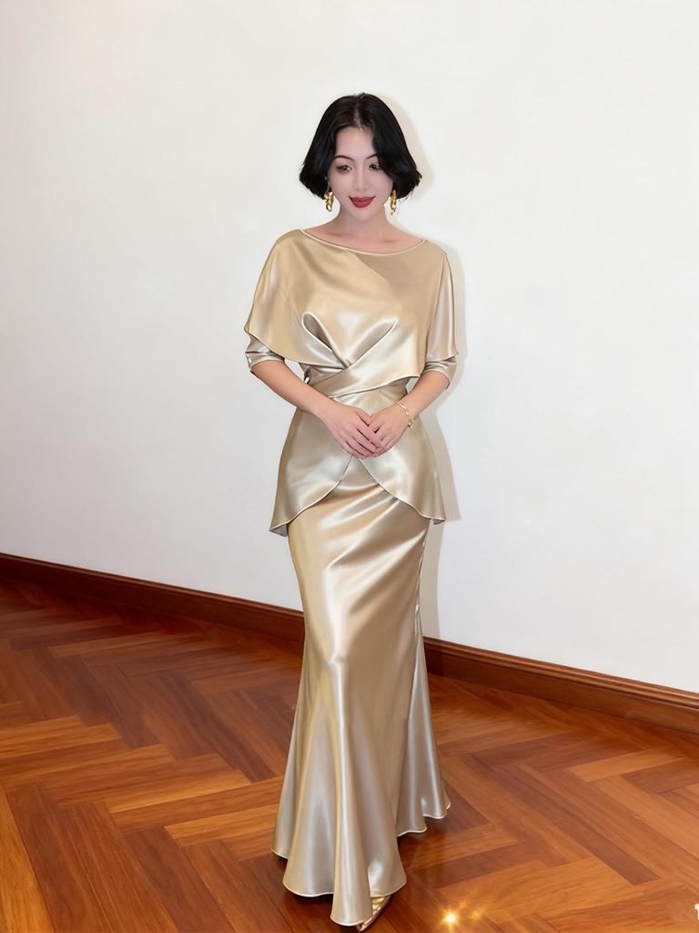 Elegant Champagne Acetate Suit for Women: Satin Top & Fishtail Skirt Set (Spring/Autumn)