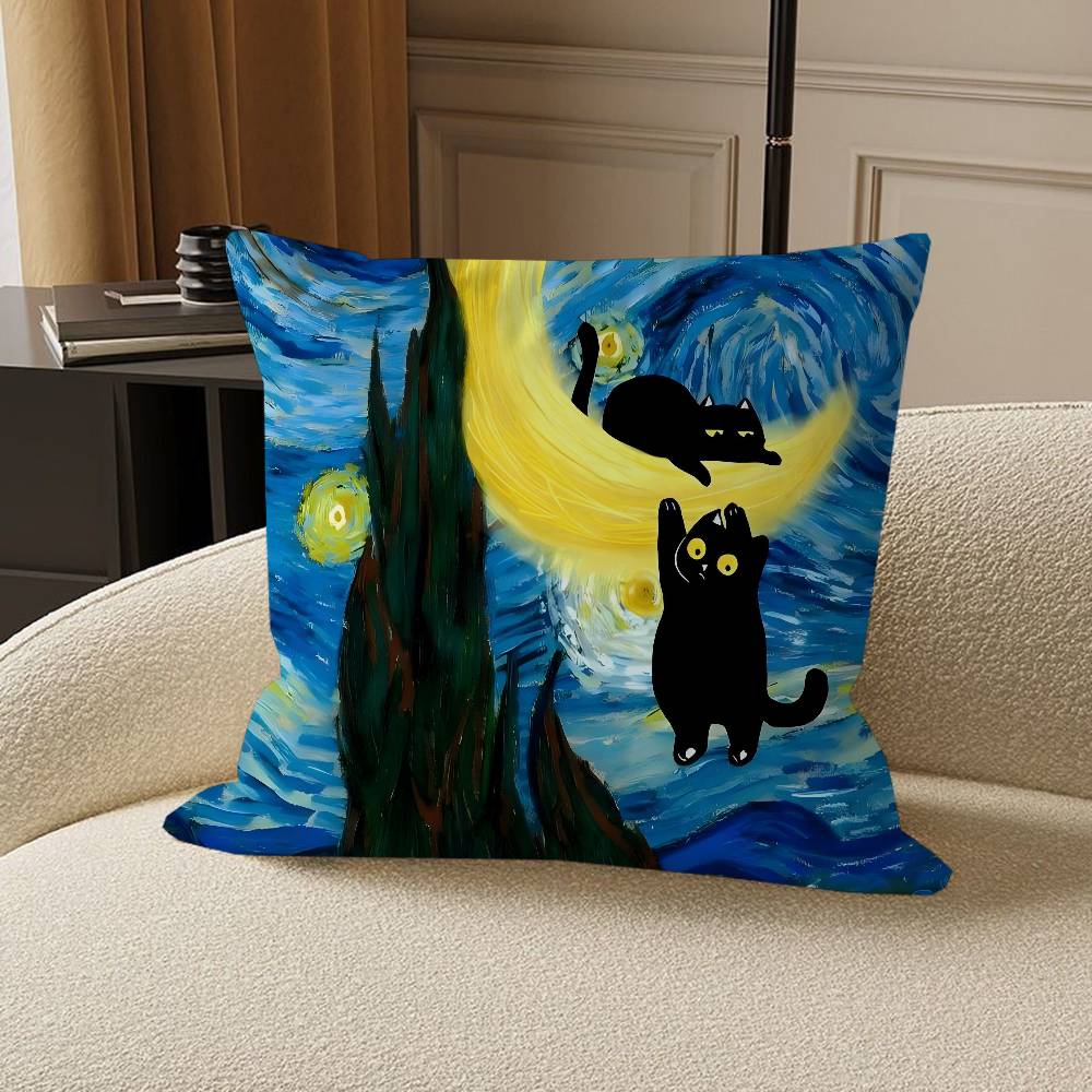 Black Cat Van Gogh Pillow Cushion Cover Pillowcase Living Room Sofa Home Decor Customized