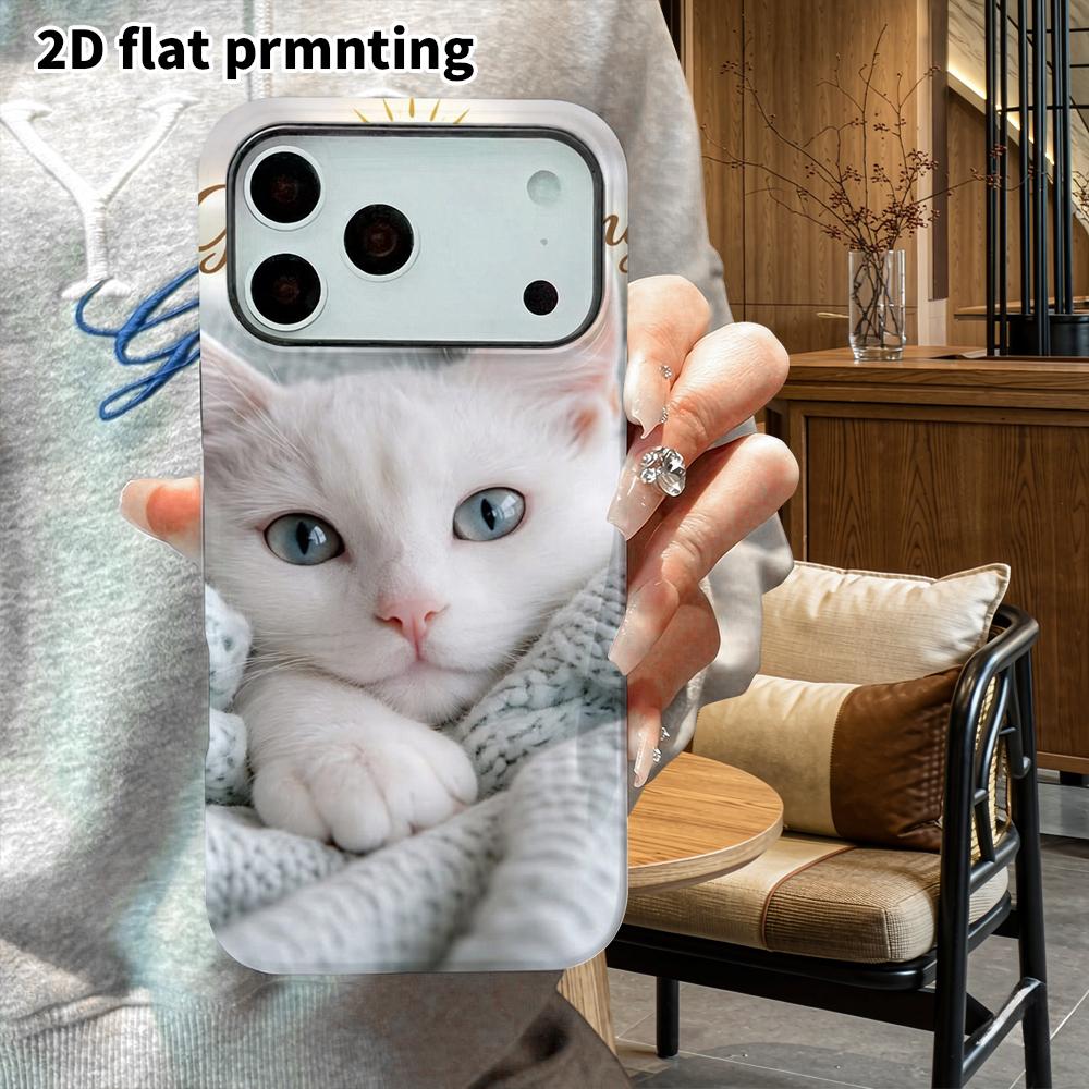 Phone Case: 2D Flat Design Suitable for iPhone 18 17 16 15 14 13 Pro Film Protective Case, Couple Style, Fluffy White Cat, Christmas and Halloween Gif