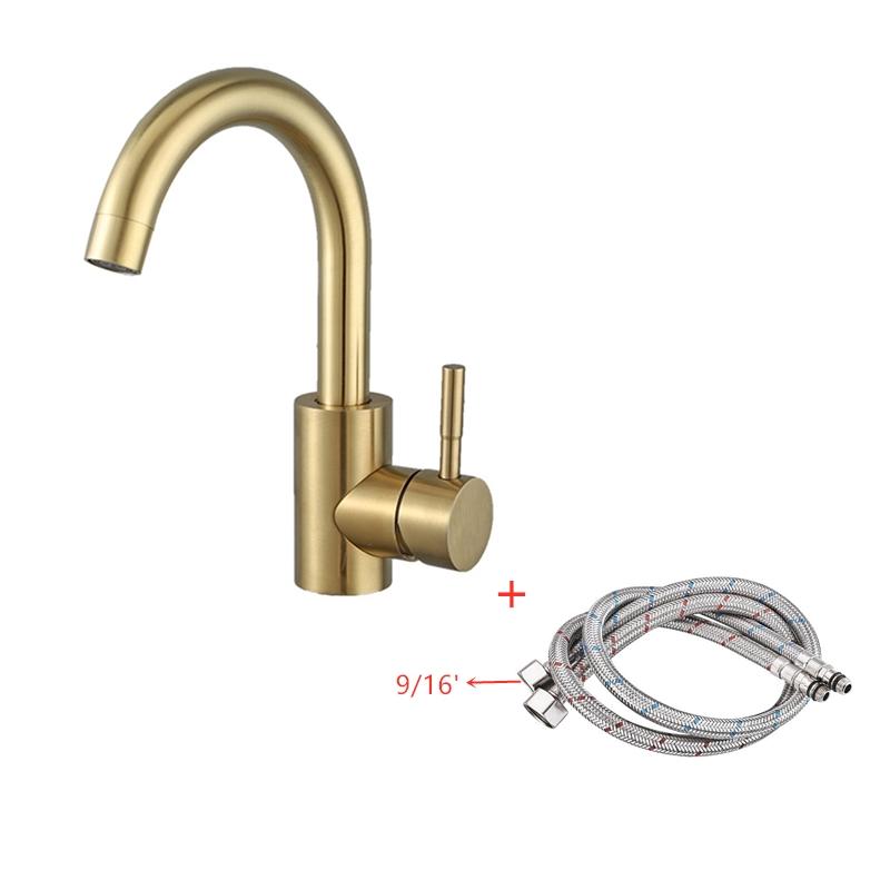 

1PC 304 Stainless Steel Basin Faucet Brushed Gold Hot And Cold Water Mixed Tap Rotating Deck Mount