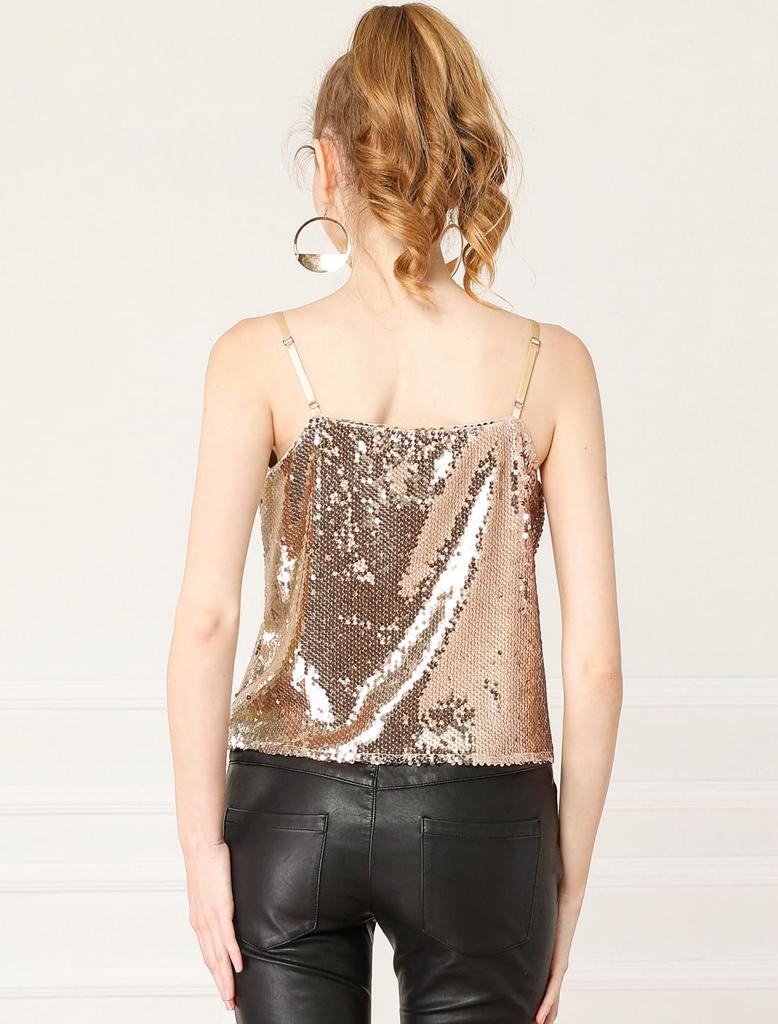 Allegra K Sequin Camisole Sleeveless Christmas Shiny Tank Top Metallic Rose Gold L Women's