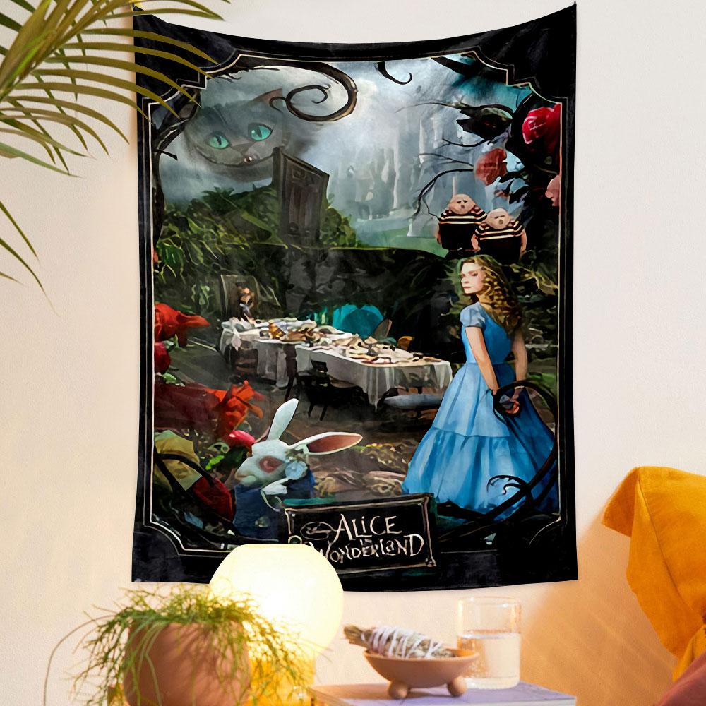 Alice in Wonderland Movie Poster Tapestry Wall Hanging, Tim Burton Fantasy Film Art, Whimsical Wall Decor for Bedroom Living Room Dorm