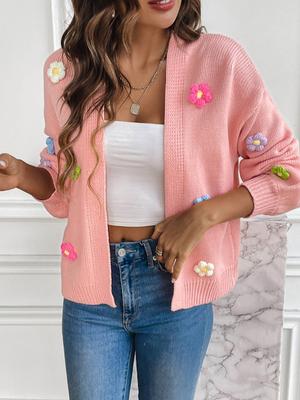 Hand Hook Flower Sweet Knitted Cardigan Sweater Coat Women's Lazy Style Casual Loose Sweater