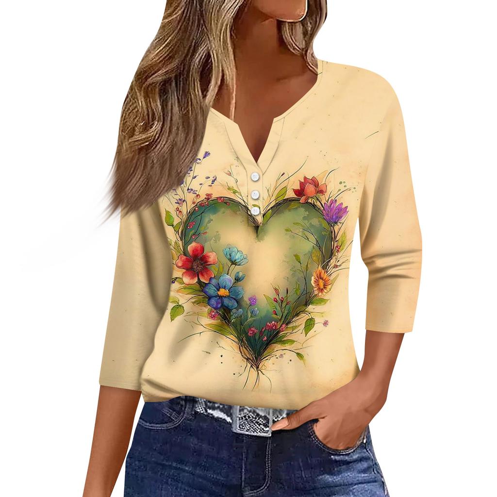 Lässiges Damen-Oberteil mit Dreiviertelärmeln und V-Ausschnitt und Blumendruck