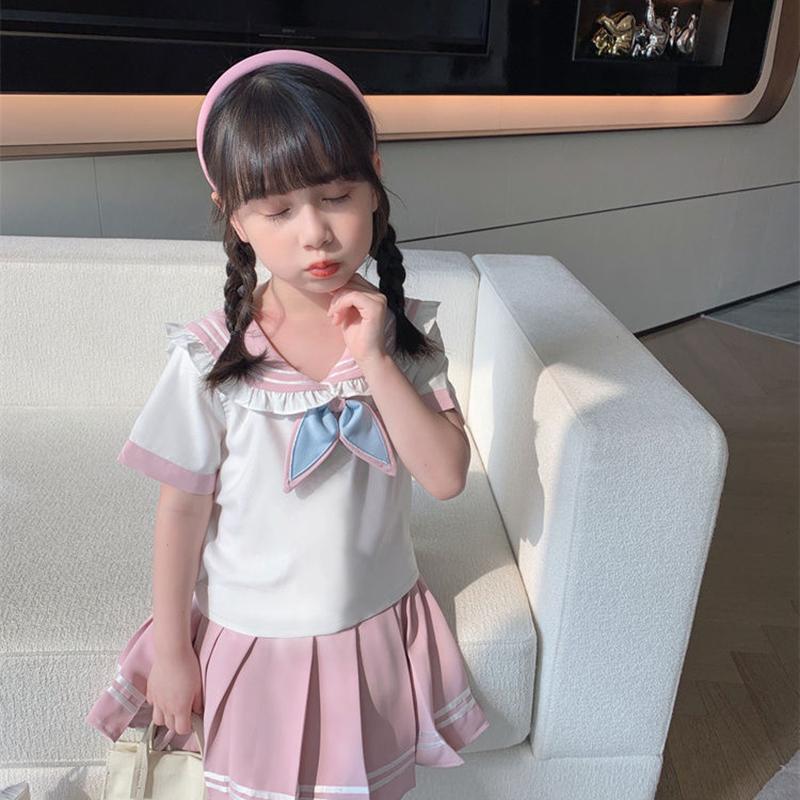 Summer Children Girls Student Set JK Mandarin Collar Tshirts and Pleated Skirts Kid Bottom