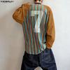 INCERUN Oversized Men V Neck Long Sleeve Striped Print Casual Loose T-shirts Tops