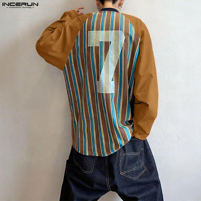 INCERUN Oversized Men V Neck Long Sleeve Striped Print Casual Loose T-shirts Tops