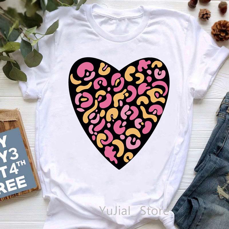 2025 Leopard Love Print T-Shirt Women Summer Fashion Tshirt Femme Harajuku Kawaii Clothes White Casual T Shirt Female