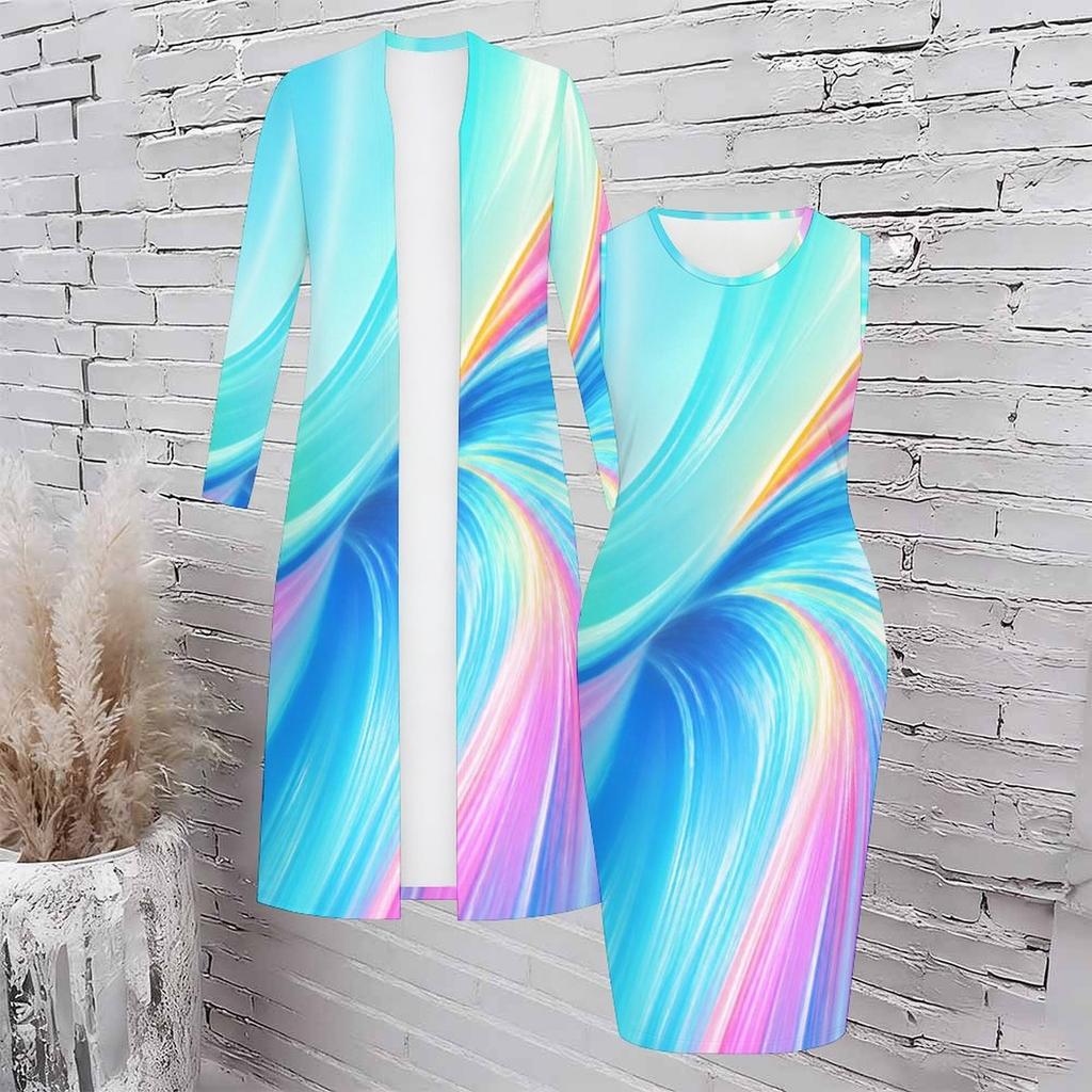 Women Plus Size Multicolor Printed Two Piece Set Sleeveless Bodycon Dress Long Sleeve Open Front Cardigan