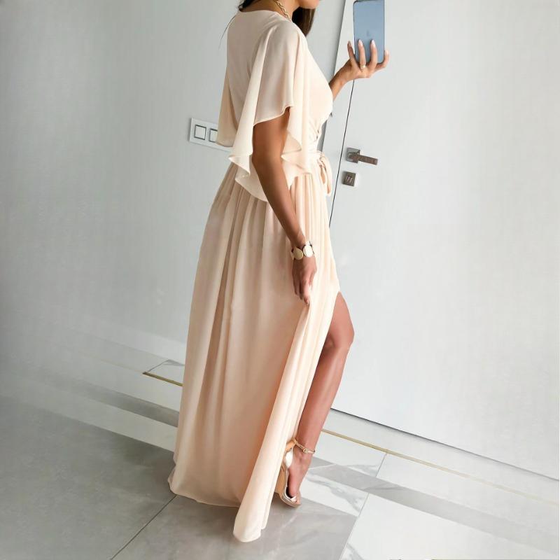 Women's Autumn Solid Colour Flared Sleeve Loose V-Neck Floor Length Dresses