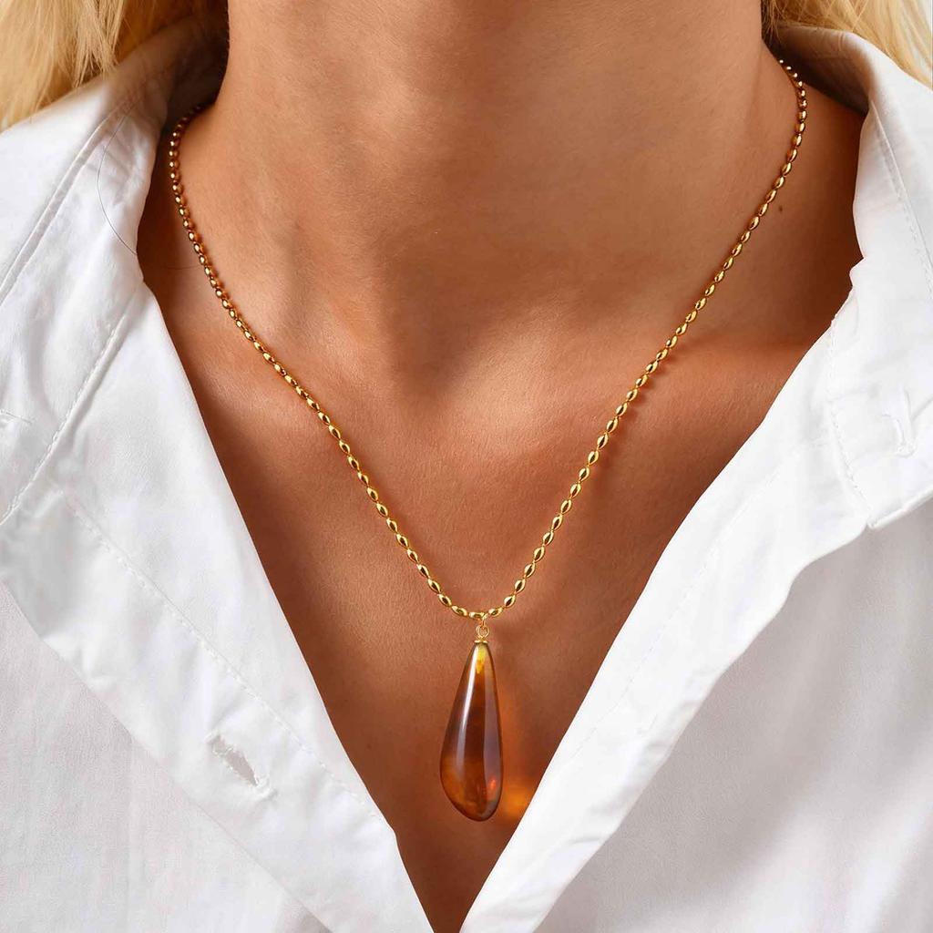 Luxury Transparent Water Drop Necklace for Women,Stainless Steel Amber Resin Chain Necklaces,Fashion Waterproof Jewelry Gift